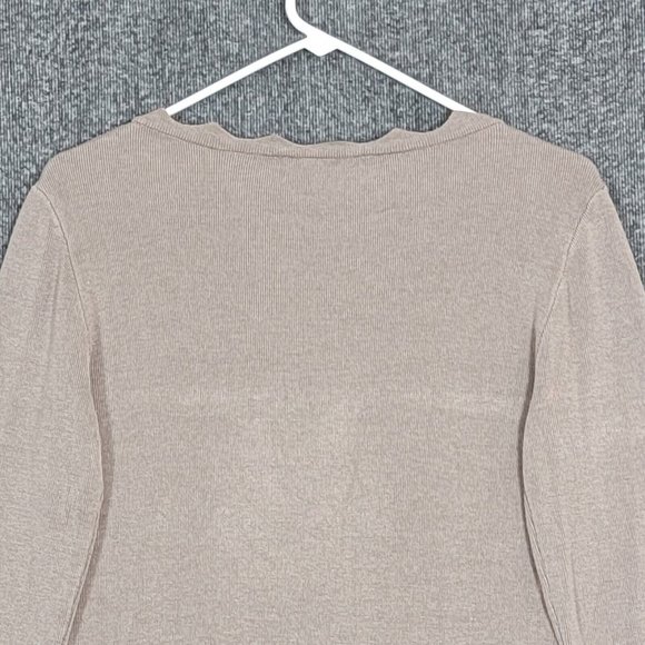 Philosophy Sweater Womens Small Taupe Brown Knit 3/4 Sleeve Scalloped Pullover - Picture 8 of 14